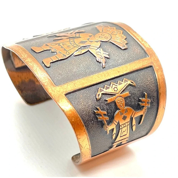 Unisex Vintage Copper Kachina Dancer - Wide Cuff - WM Wheeler Co Cuff Bracelet - Picture 5 of 6